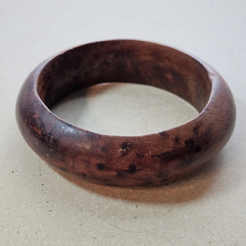 Vtg 70s Burl Wood Bangle Bracelet Chunky Hand Carved Dark‎ Brown Birdseye Grain